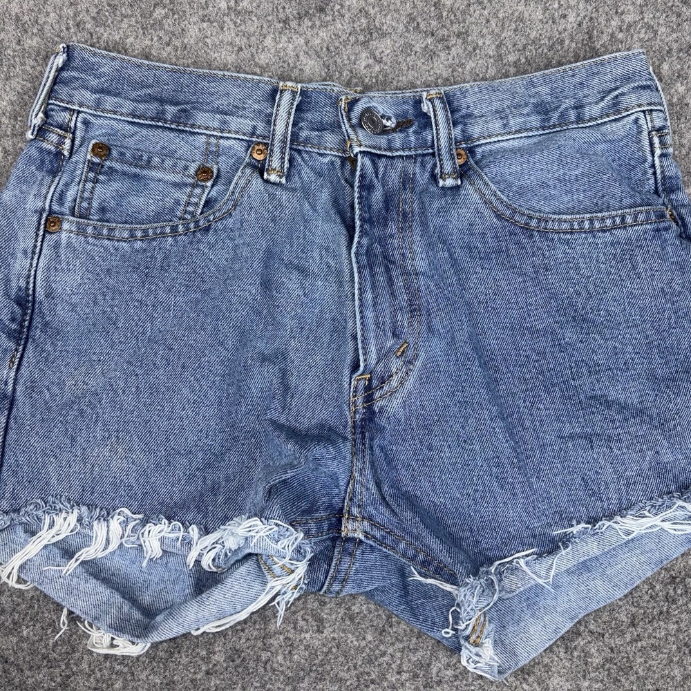 Levi's 505 Cut Off Jean Shorts Women's 29 Blue Frayed Raw Hem Distressed Denim